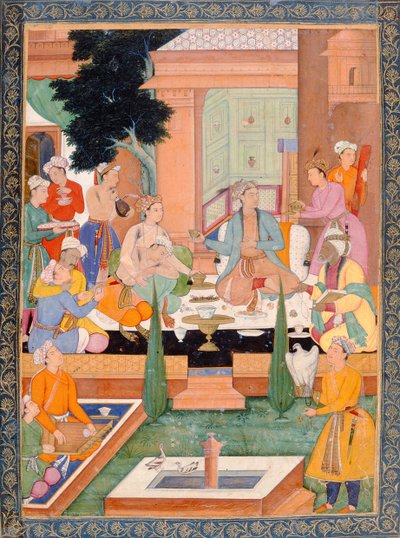 Ein Prinz und Gefährten nehmen Erfrischungen zu sich und hören Musik, aus dem Kleinen Clive-Album von Mughal School